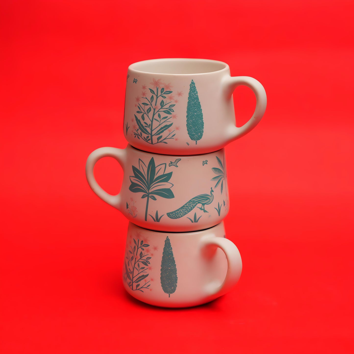 Palms & Peacock Ceramic Tea Cup Set – Nature Inspired (6 Pieces)