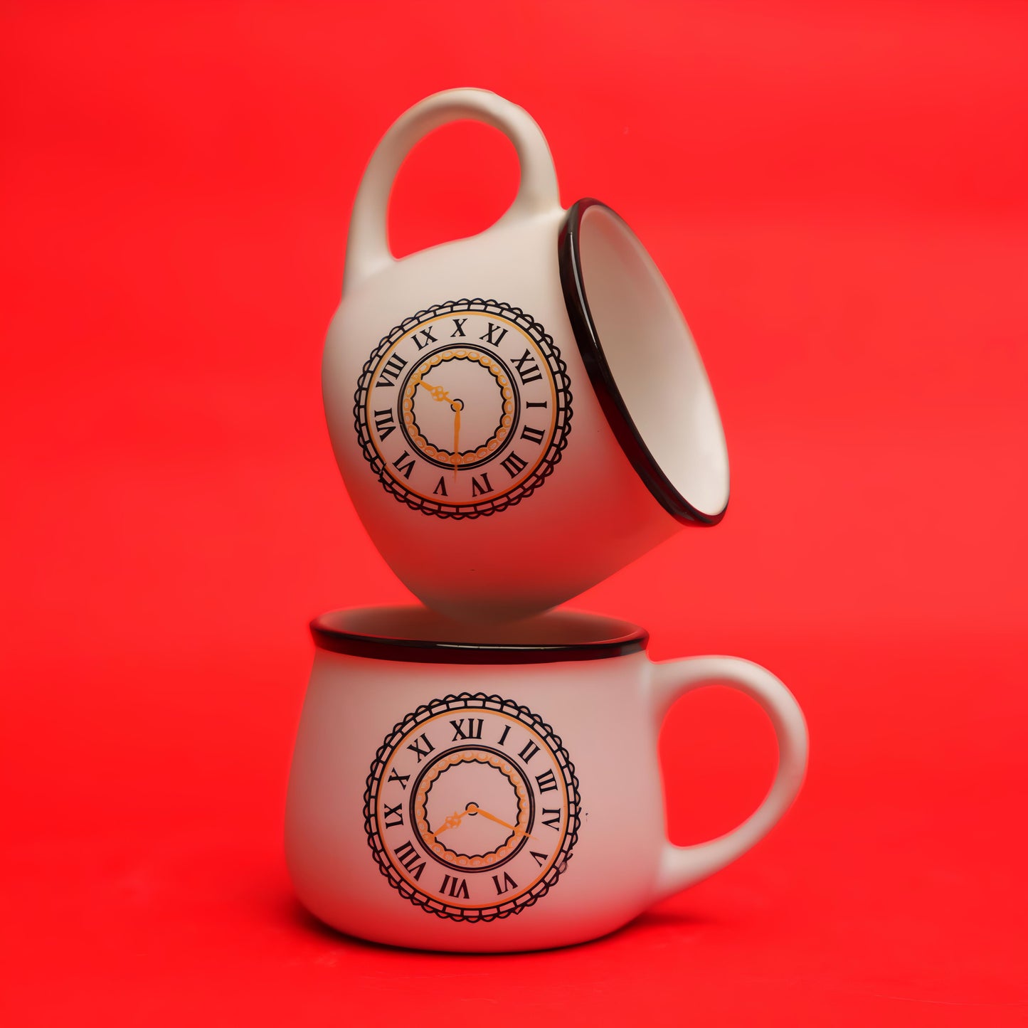 Empire Dial Ceramic Tea Cup Set – Roman Clock Print (6 Pieces)