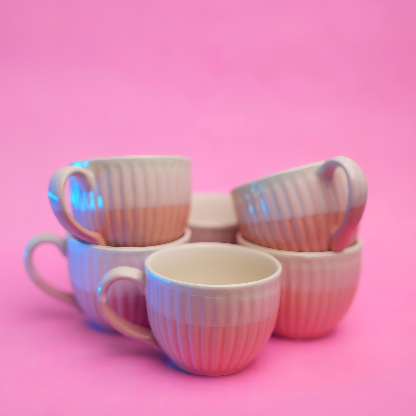 Pastel Pink Ribbed Tea Cup Set – Ceramic Finish (6 pcs)