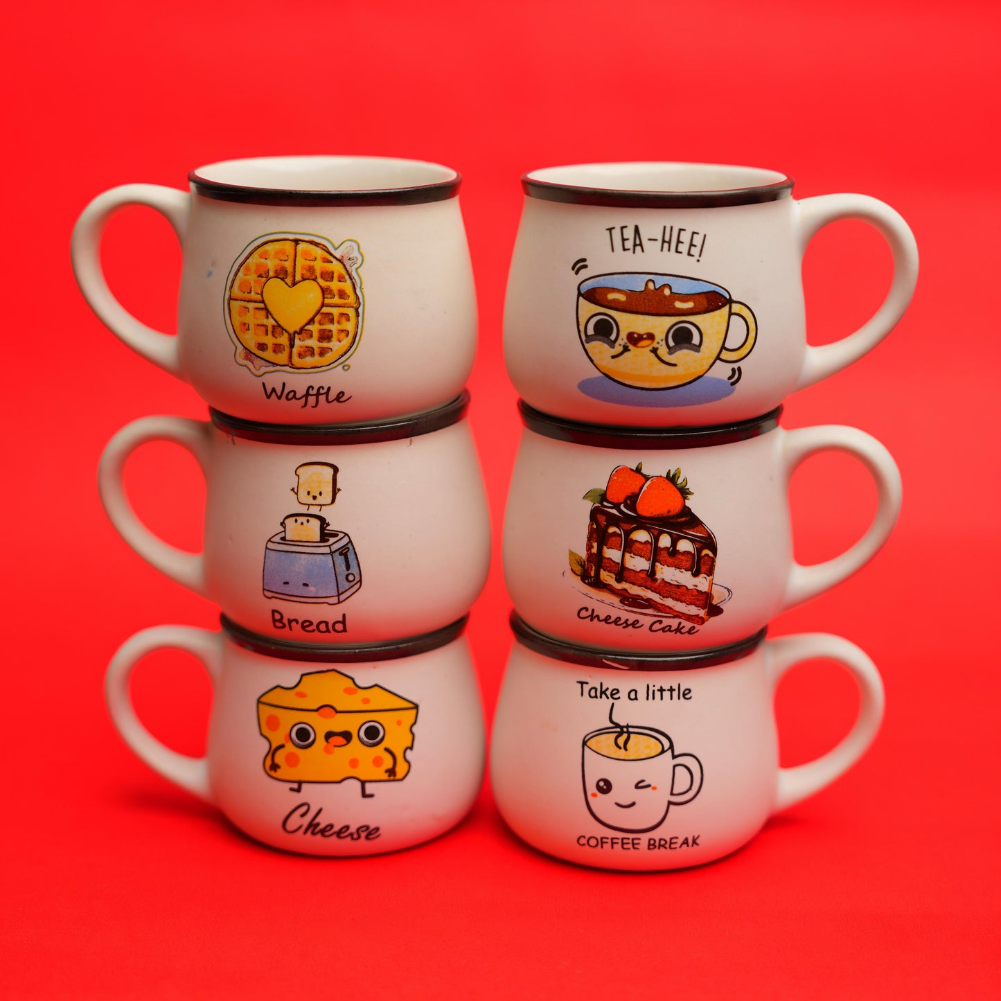 Breakfast Mood Ceramic Cup Set – Fun Foodie Design (6 pcs)