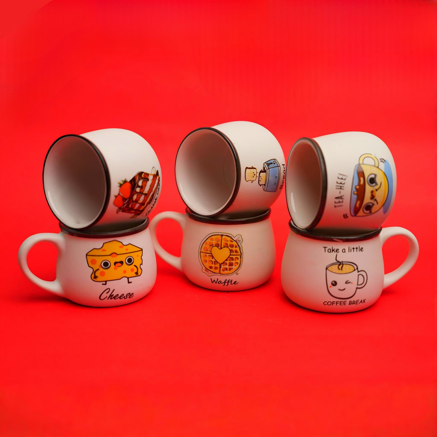 Breakfast Mood Ceramic Cup Set – Fun Foodie Design (6 pcs)