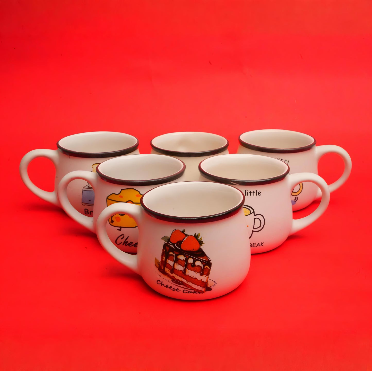 Breakfast Mood Ceramic Cup Set – Fun Foodie Design (6 pcs)