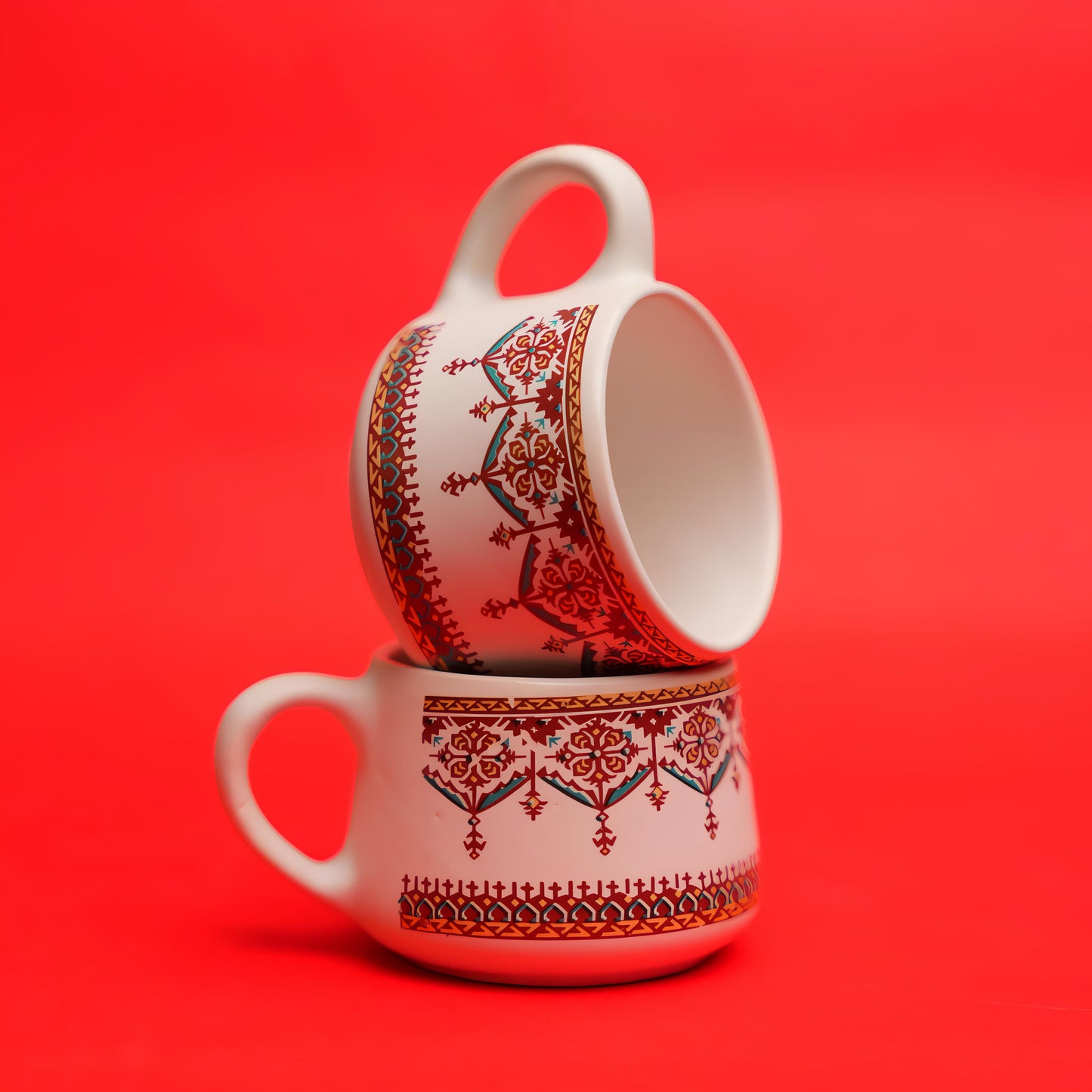 Rural Essence Ceramic Cup Set – Indian Folk Print (6 Pcs)