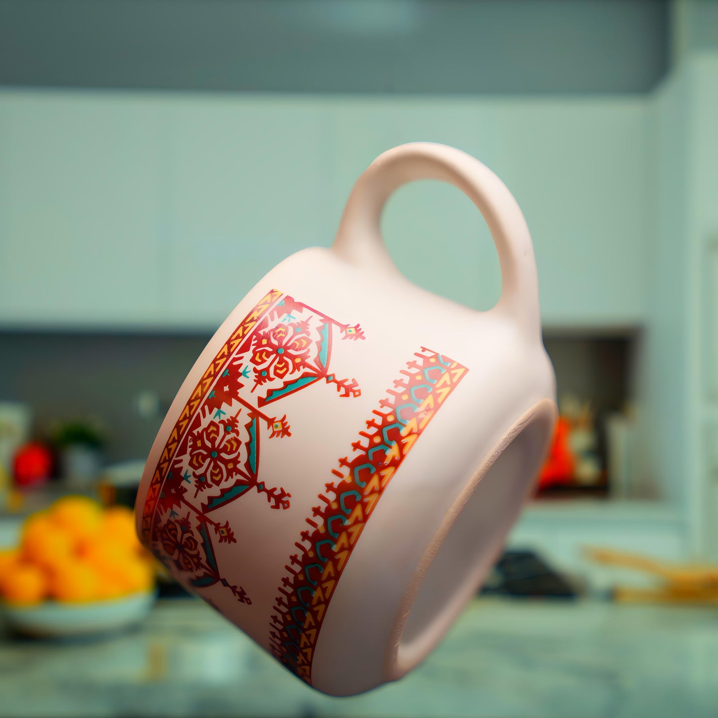 Rural Essence Ceramic Cup Set – Indian Folk Print (6 Pcs)