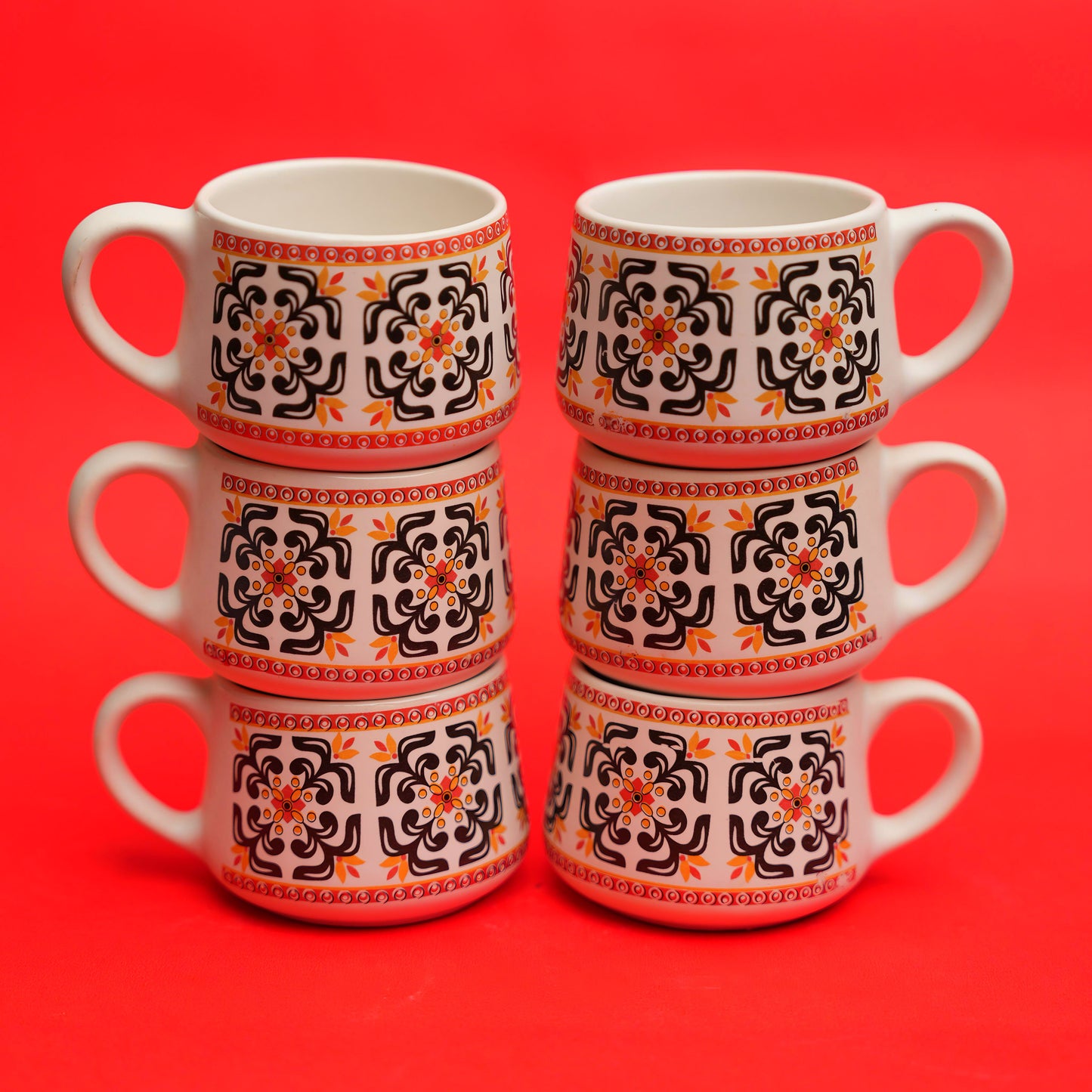 Printed Ceramic Tea Cups – Traditional Folk Design (Set of 6)