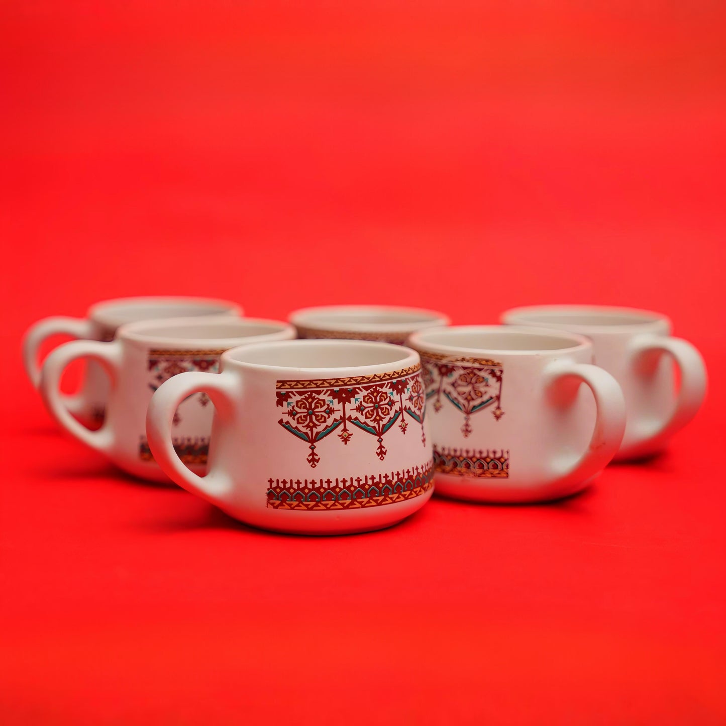 Rural Essence Ceramic Cup Set – Indian Folk Print (6 Pcs)