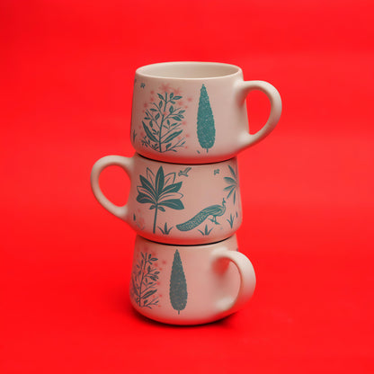 Palms & Peacock Ceramic Tea Cup Set – Nature Inspired (6 Pieces)