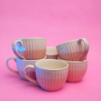 Pastel Pink Ribbed Tea Cup Set – Ceramic Finish (6 pcs)