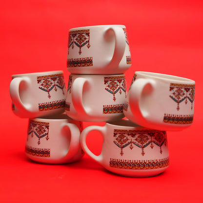 Rural Essence Ceramic Cup Set – Indian Folk Print (6 Pcs)