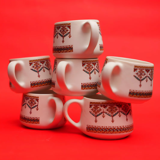 Rural Essence Ceramic Cup Set – Indian Folk Print (6 Pcs)