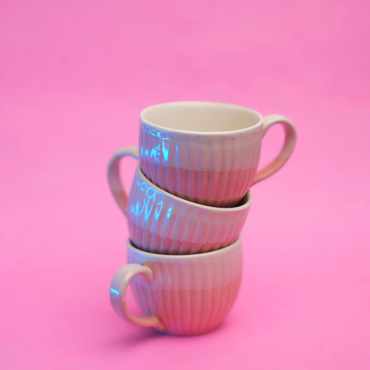 Pastel Pink Ribbed Tea Cup Set – Ceramic Finish (6 pcs)