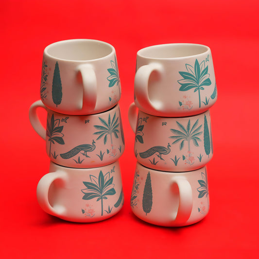 Palms & Peacock Ceramic Tea Cup Set – Nature Inspired (6 Pieces)