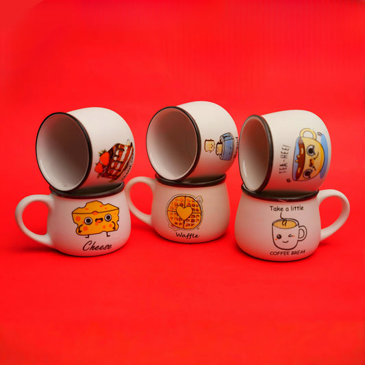 Breakfast Mood Ceramic Cup Set – Fun Foodie Design (6 pcs)