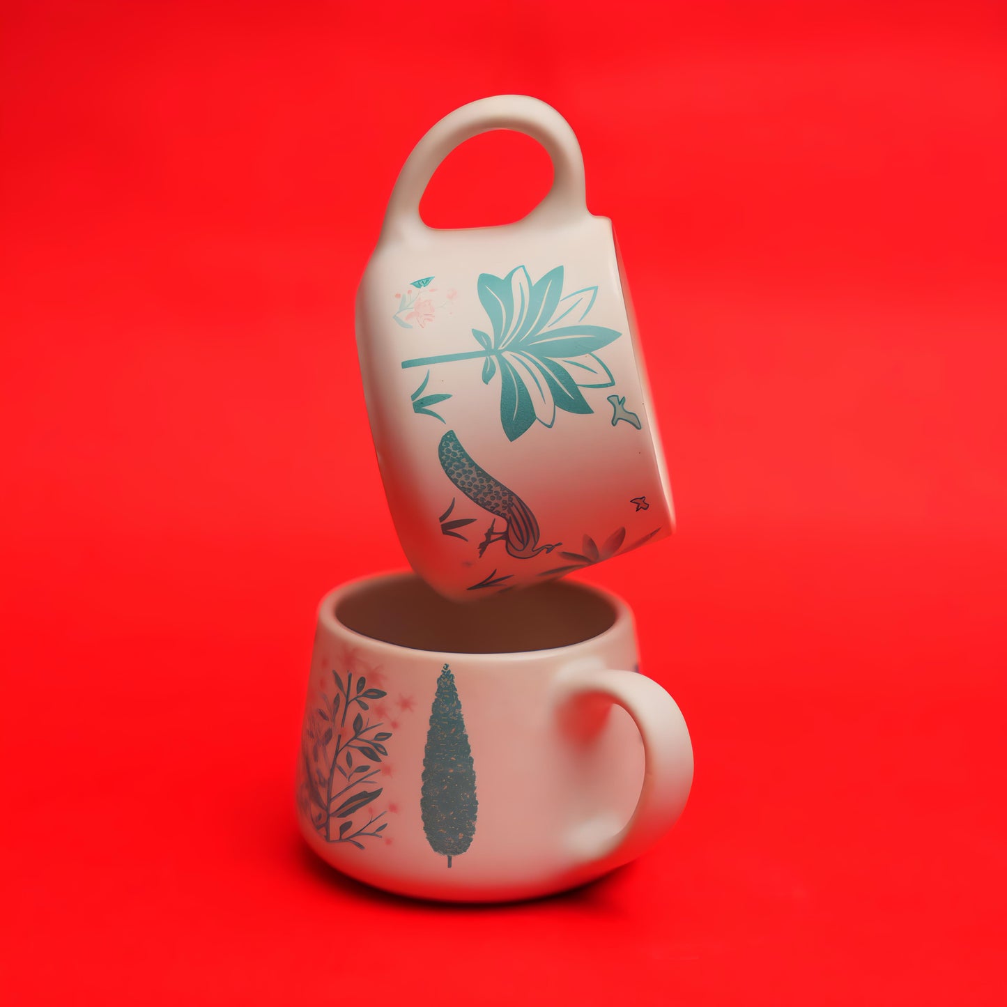 Palms & Peacock Ceramic Tea Cup Set – Nature Inspired (6 Pieces)