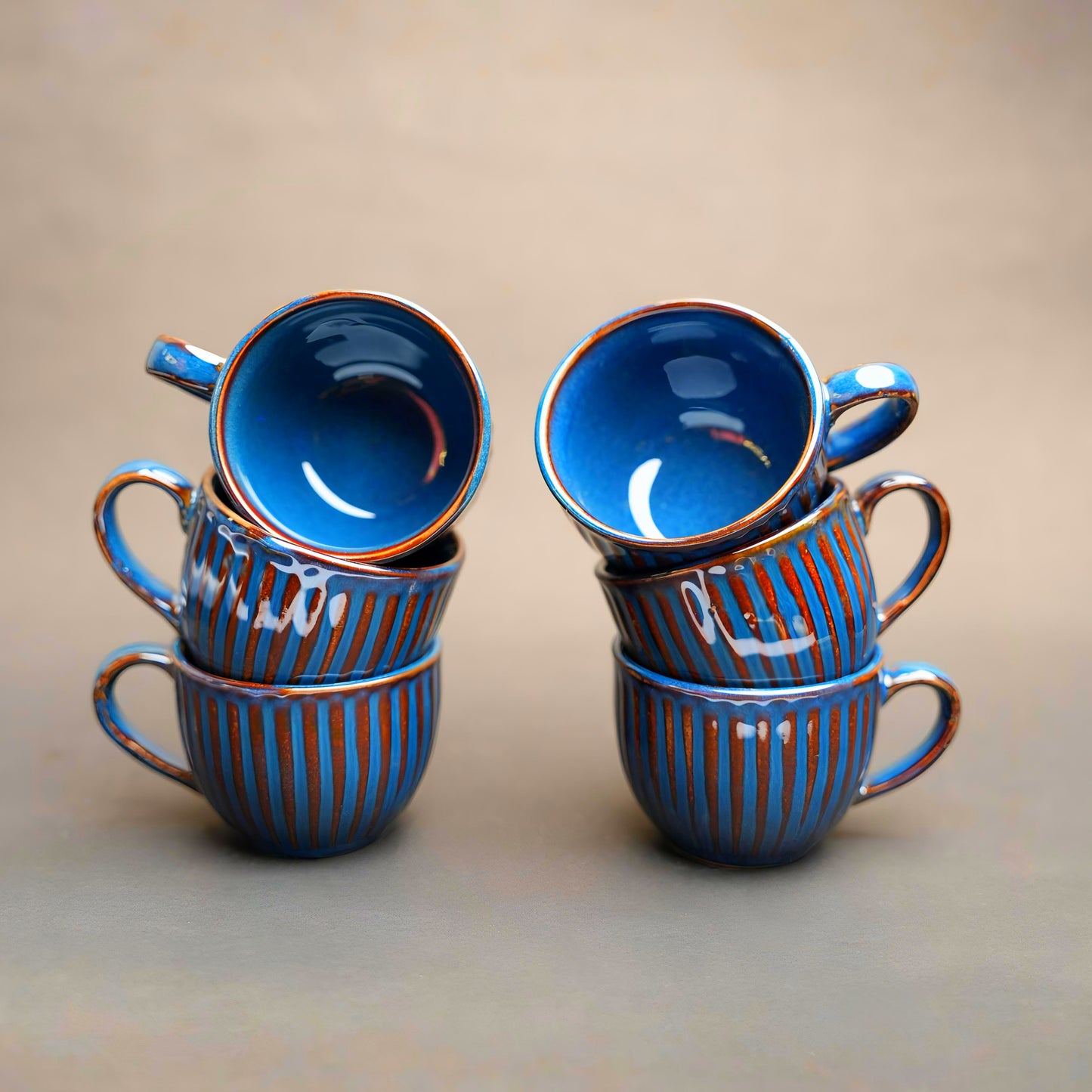 Artisan Stripe Ceramic Tea Cup Set – Handcrafted Look (Pack of 6)