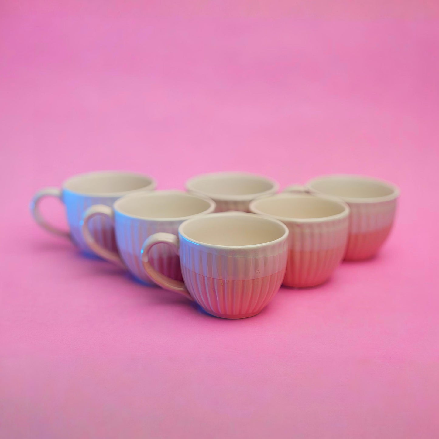 Pastel Pink Ribbed Tea Cup Set – Ceramic Finish (6 pcs)