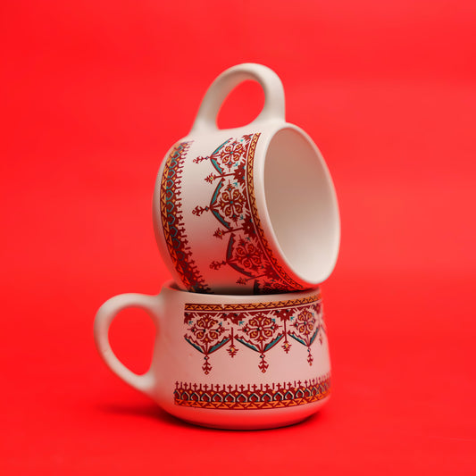Rural Essence Ceramic Cup Set – Indian Folk Print (6 Pcs)