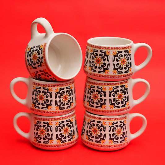 Printed Ceramic Tea Cups – Traditional Folk Design (Set of 6)