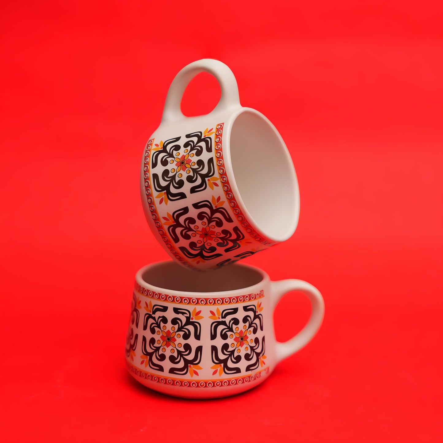 Printed Ceramic Tea Cups – Traditional Folk Design (Set of 6)