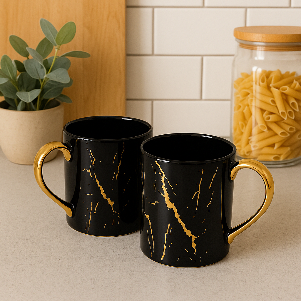 Premium Black Ceramic Coffee Mug – Gold Vein Marble Style