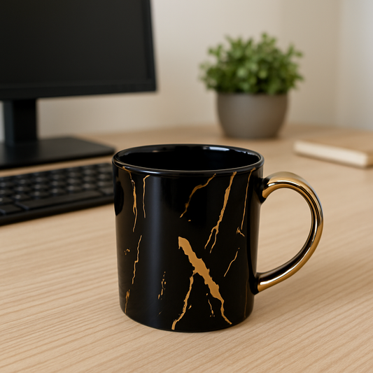 Premium Black Ceramic Coffee Mug – Gold Vein Marble Style