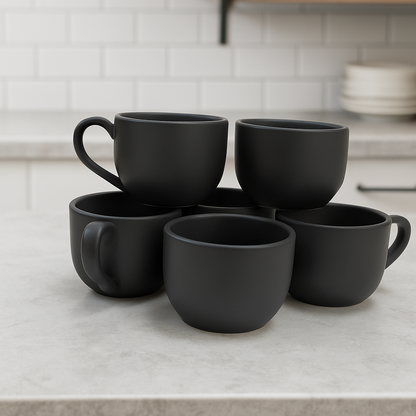 Matte Black Ceramic Tea Cup – Smooth Matte Texture (6 Pcs)