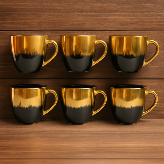Golden Dusk Ceramic Tea Cup Set – Elegant Black & Gold Finish (6 Pcs)
