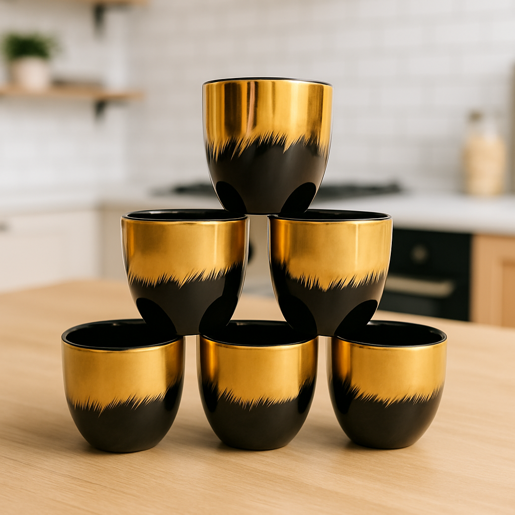 Golden Dusk Ceramic Tea Cup Set – Elegant Black & Gold Finish (6 Pcs)
