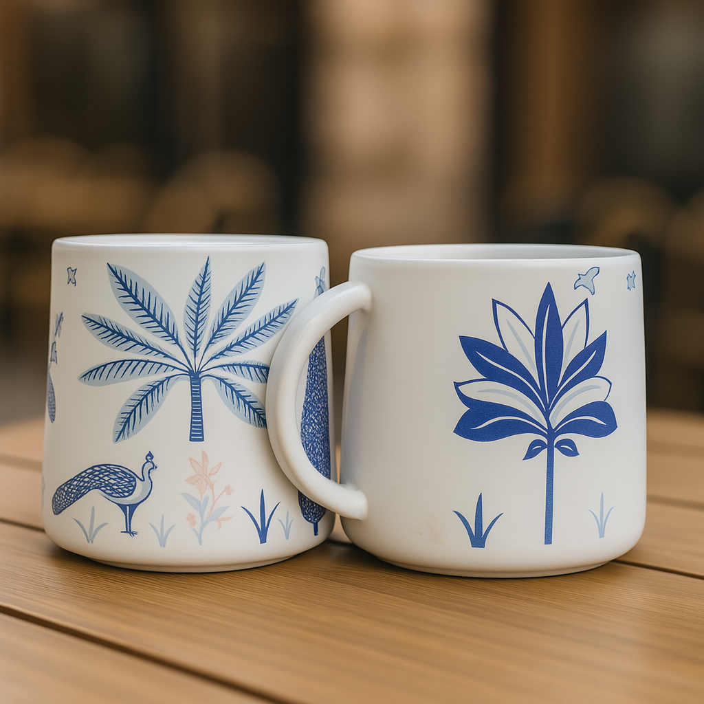 Heritage Peacock Ceramic Coffee Mug Set – Classic Blue Print