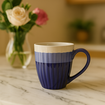 Deep Blue Ceramic Coffee Mug –Glossy Ribbed Texture