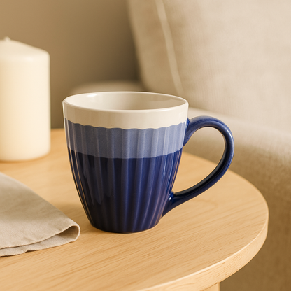 Deep Blue Ceramic Coffee Mug –Glossy Ribbed Texture