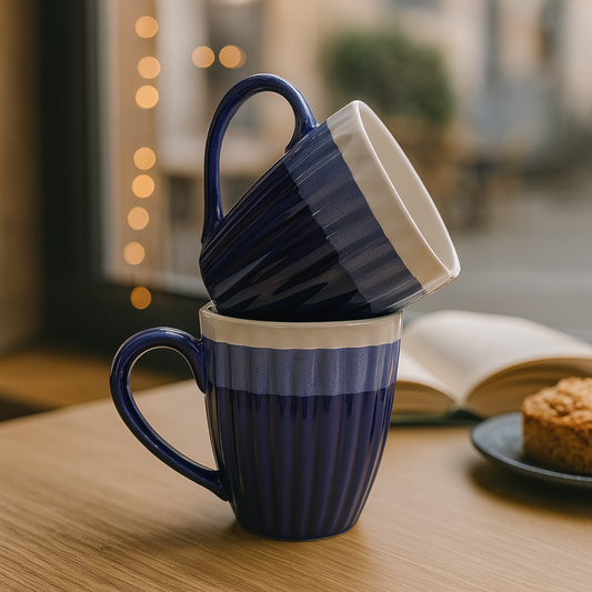 Deep Blue Ceramic Coffee Mug –Glossy Ribbed Texture