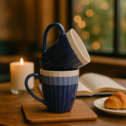 Deep Blue Ceramic Coffee Mug –Glossy Ribbed Texture